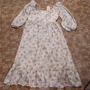 Maxi Dress with Flowy Fit Long Puff Sleeves Boho Floral Square Neck